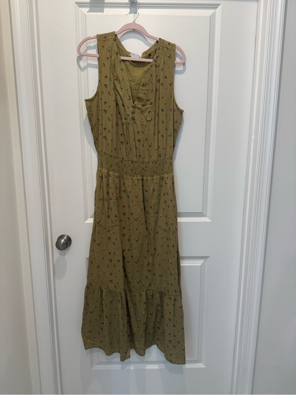 Prana Olive Green Maxi Dress with Orange & Pink Floral Print - Picture 2 of 5